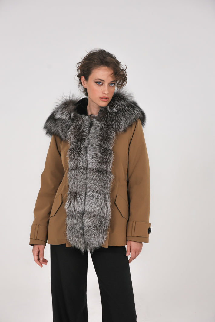 Short Parka in Mixed Cotton Waterproof Fox Silver