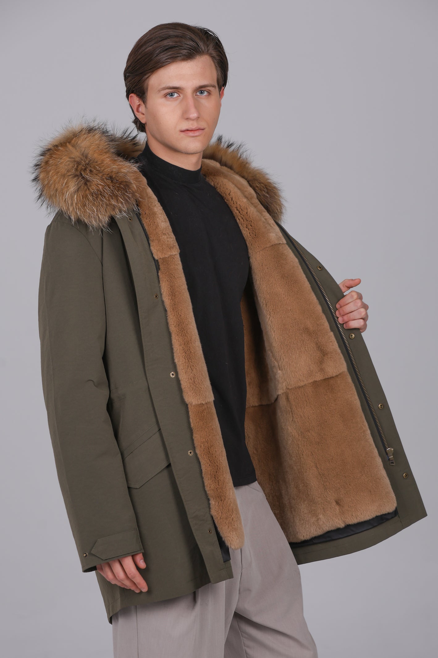 Parka longue en coton mélangé imperméable Raccon et lapin rex