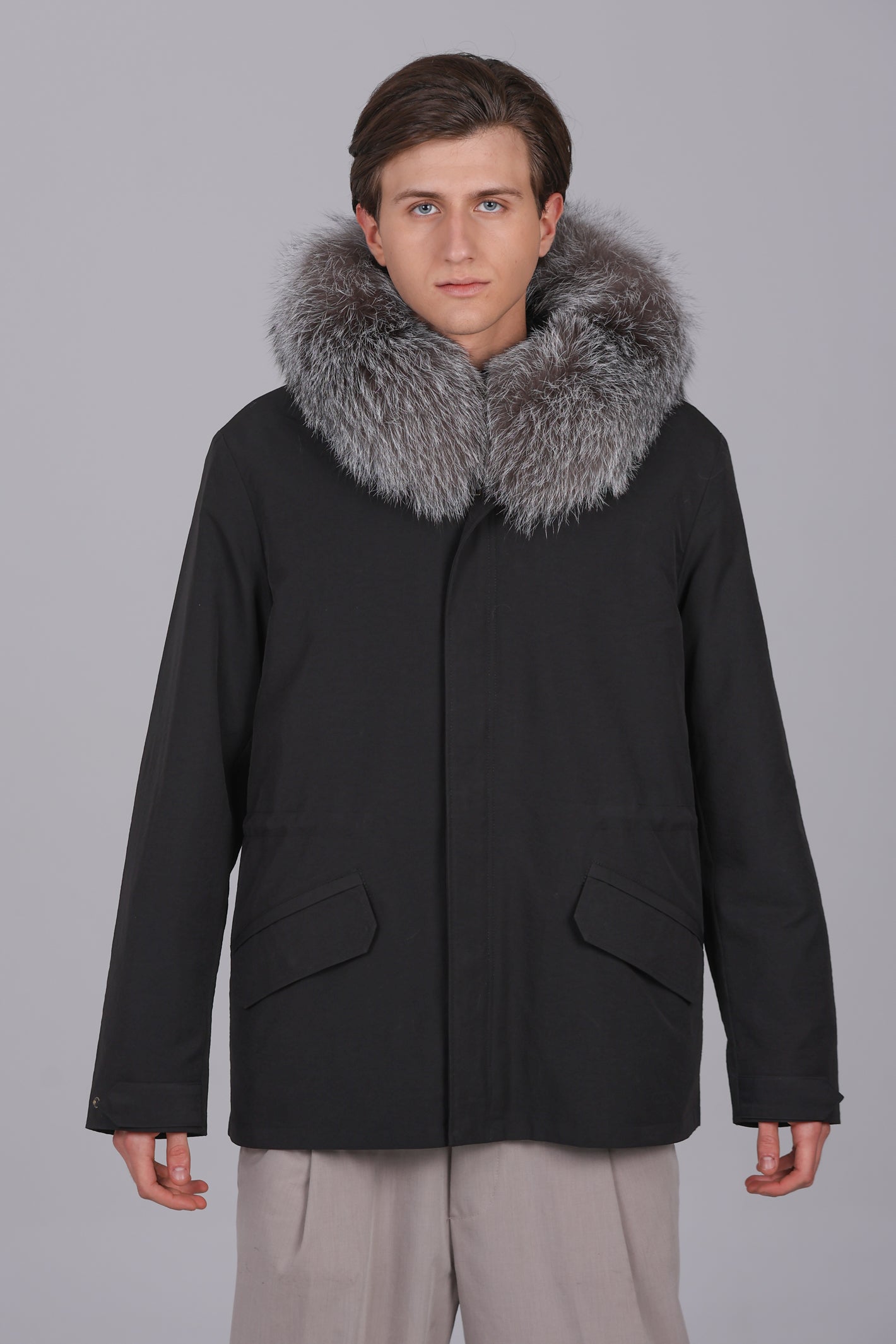 Kurzer Parka aus wasserdichter Baumwollmischung aus Fox Frost und Rex Rabbit