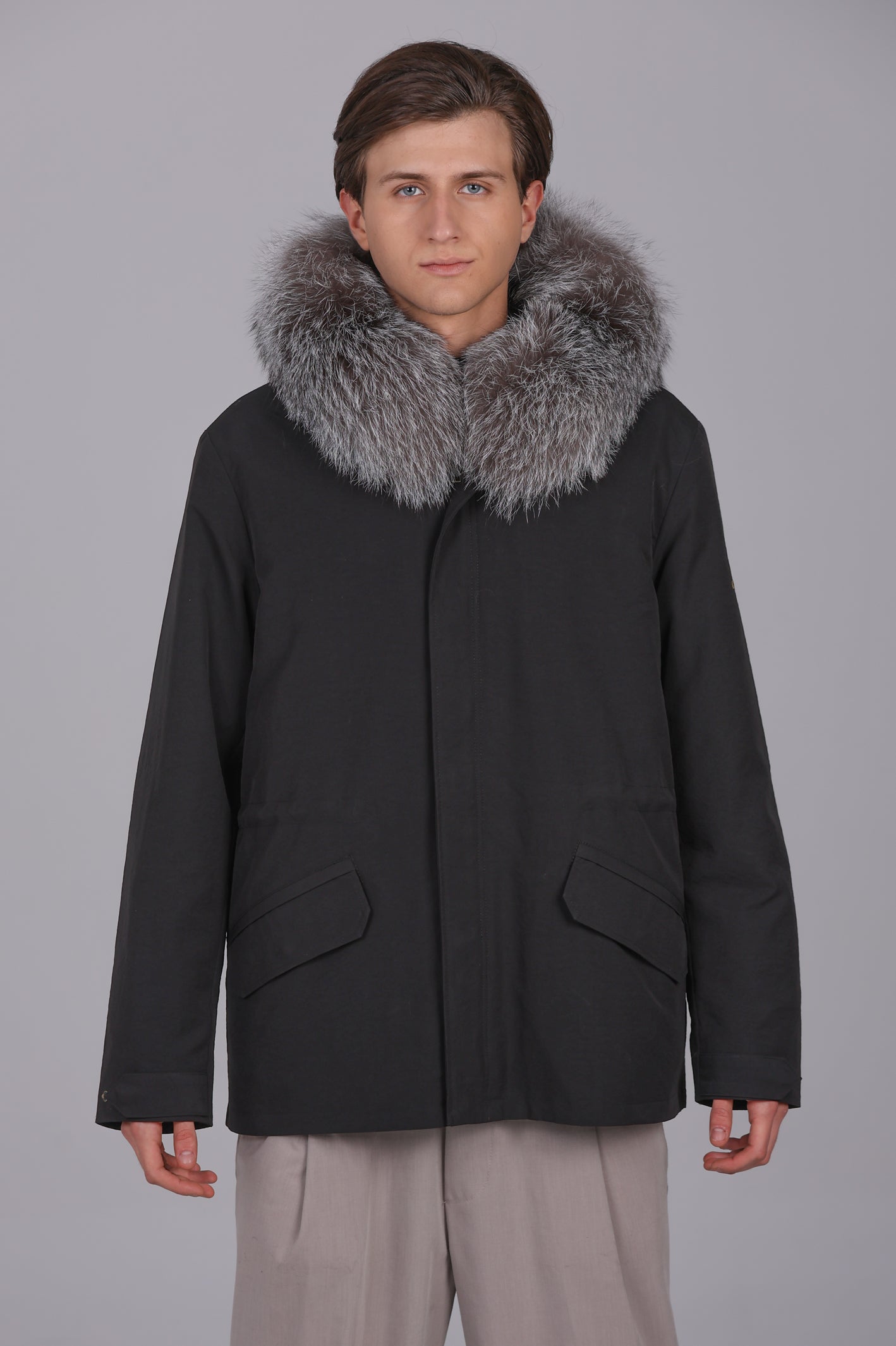 Kurzer Parka aus wasserdichter Baumwollmischung aus Fox Frost und Rex Rabbit