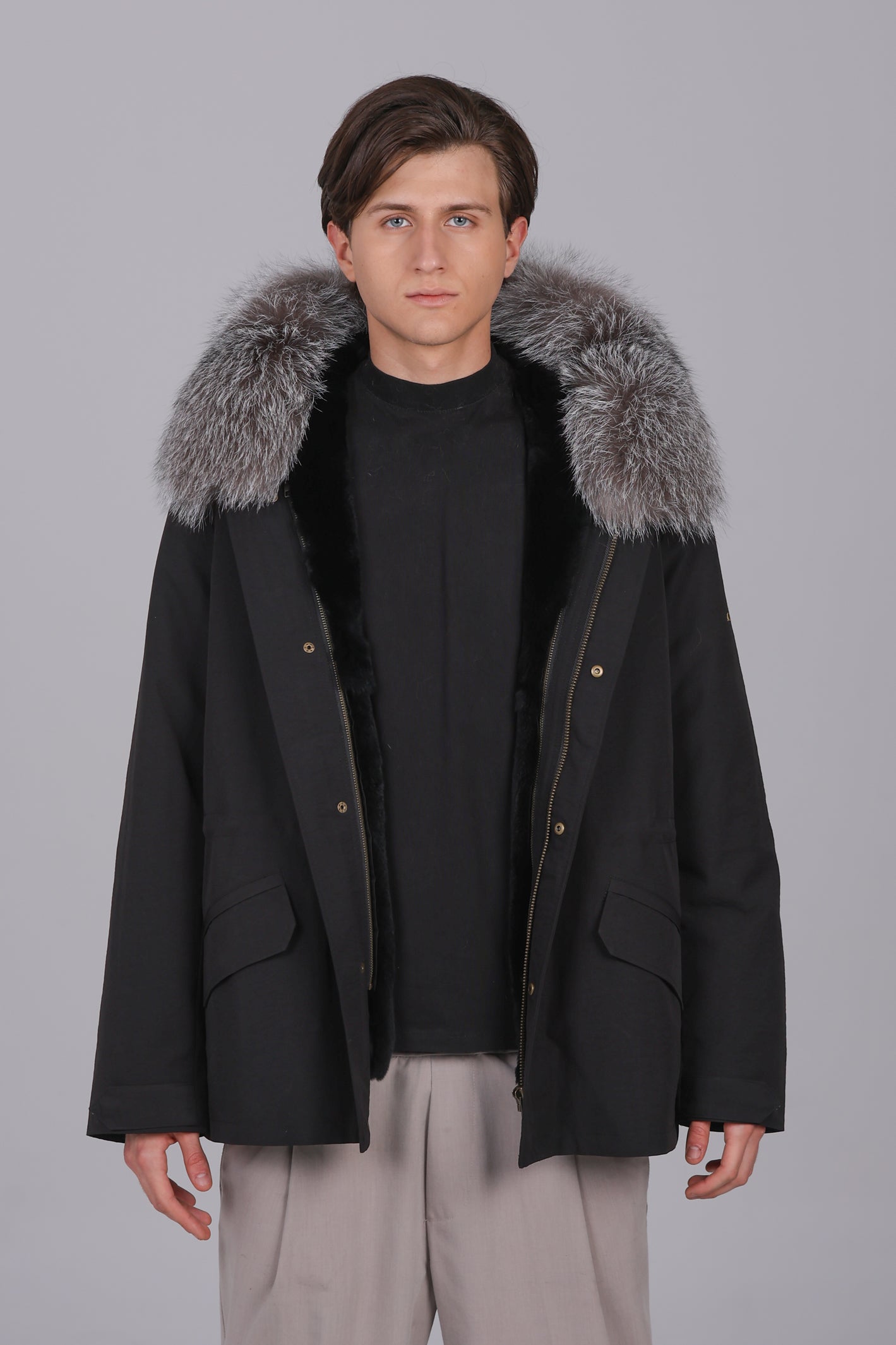 Kurzer Parka aus wasserdichter Baumwollmischung aus Fox Frost und Rex Rabbit