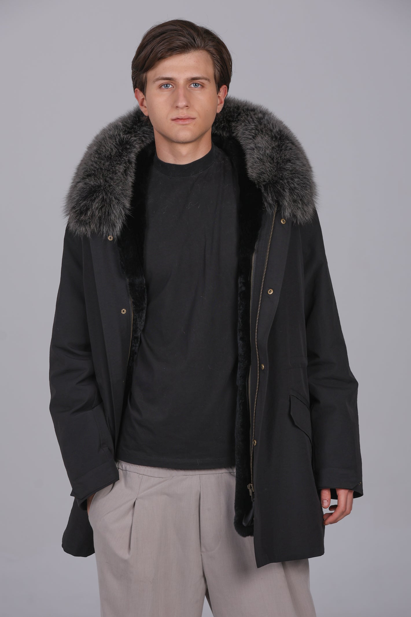 Parka longue en coton mélangé imperméable renard et lapin rex