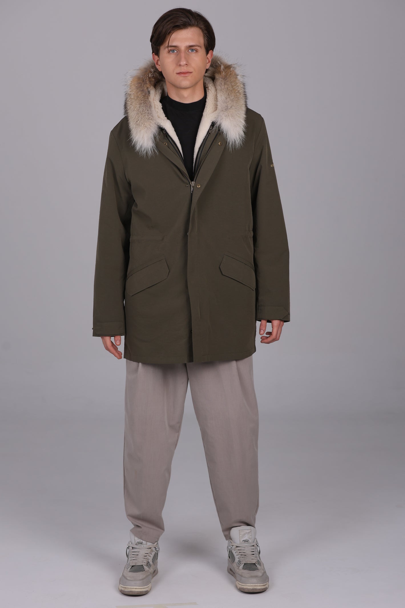 Parka longue en mélange imperméable de coton Coyote et de peau de mouton