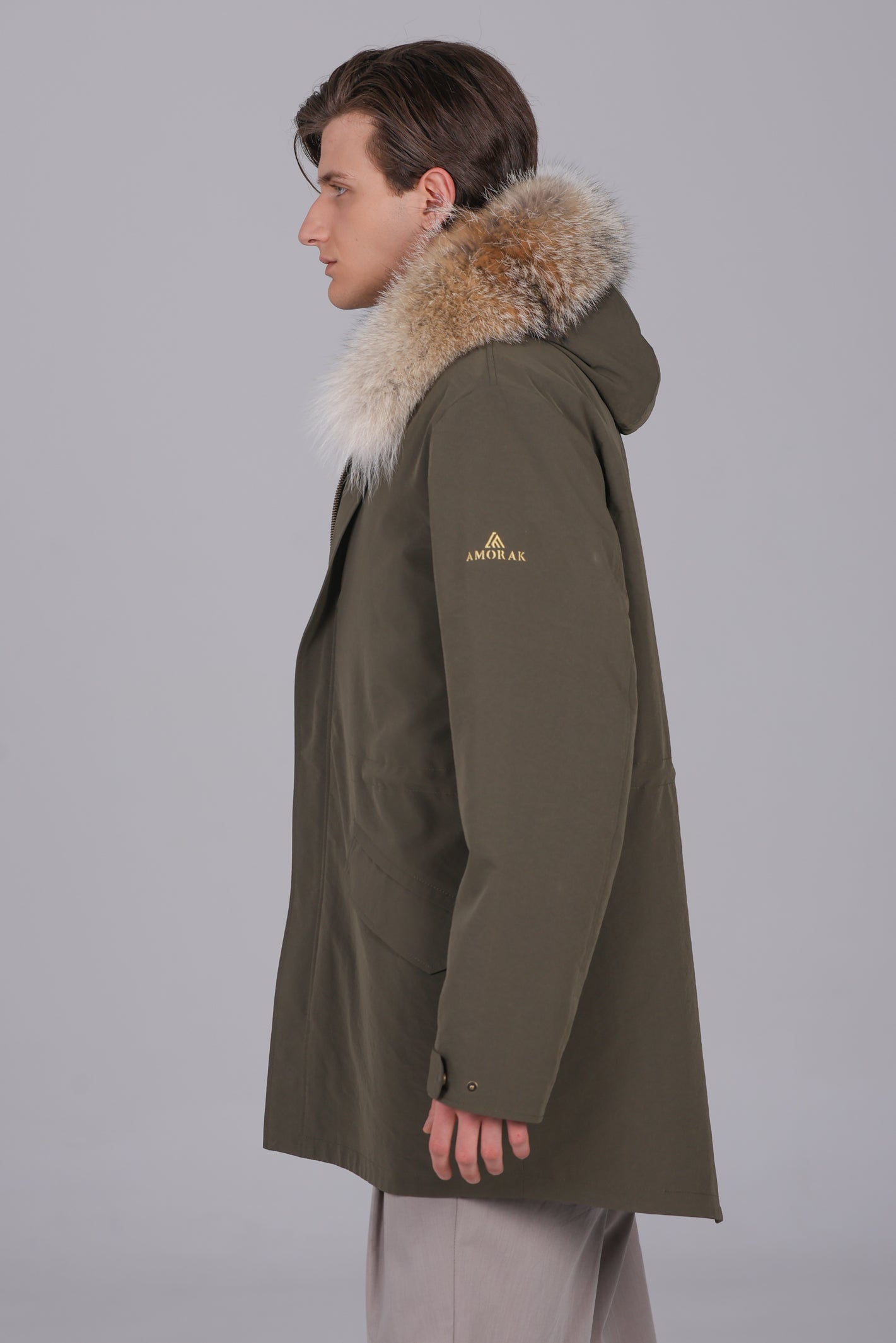 Parka longue en mélange imperméable de coton Coyote et de peau de mouton