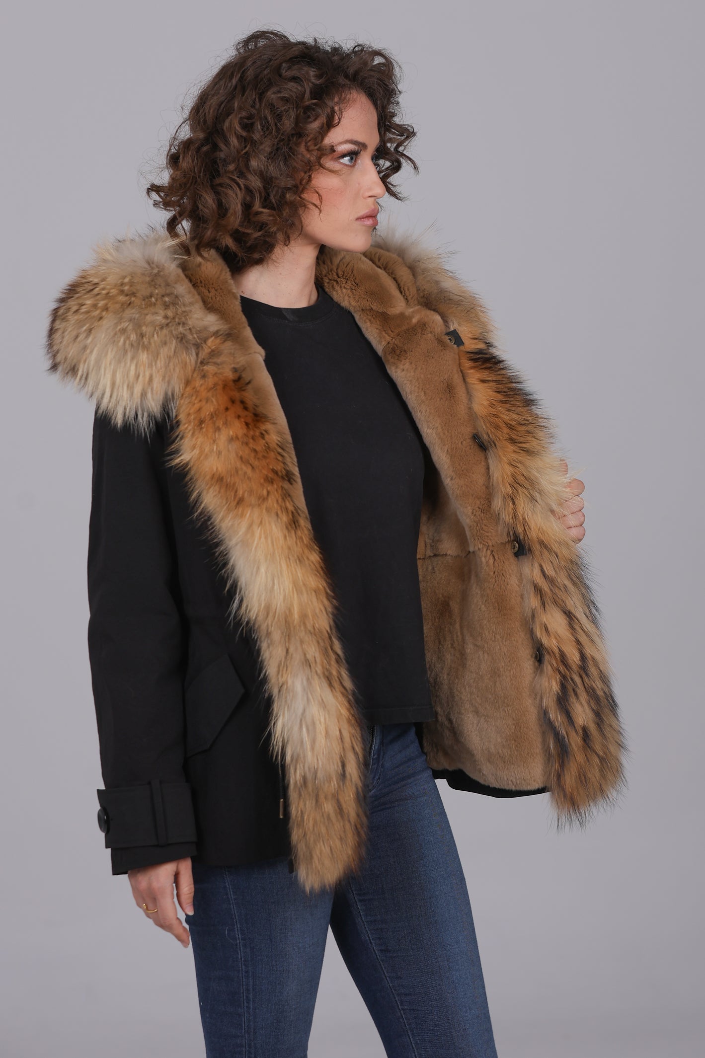 Raccoon waterproof cotton blend short parka