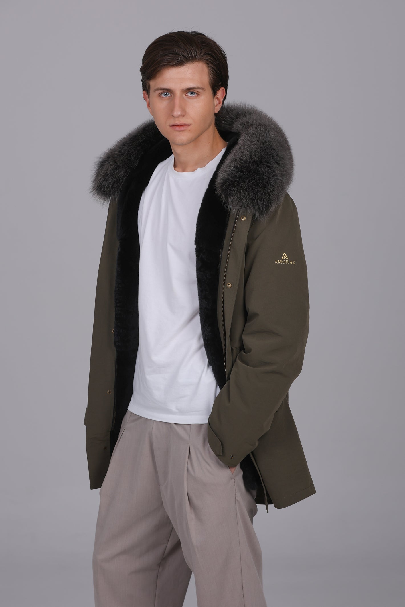 Parka larga de mezcla de algodón impermeable con zorro y conejo rex