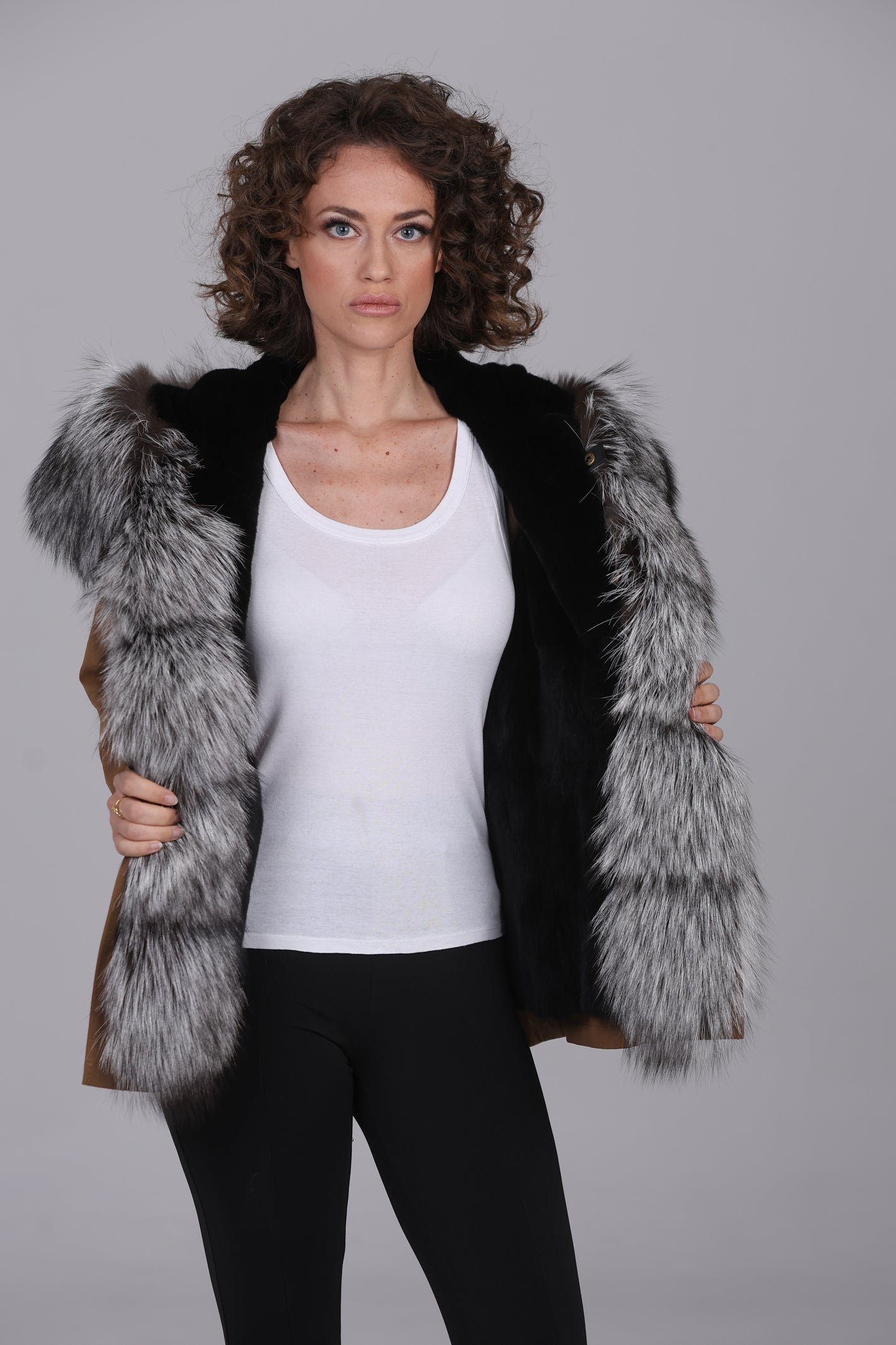 Short Parka in Mixed Cotton Waterproof Fox Silver
