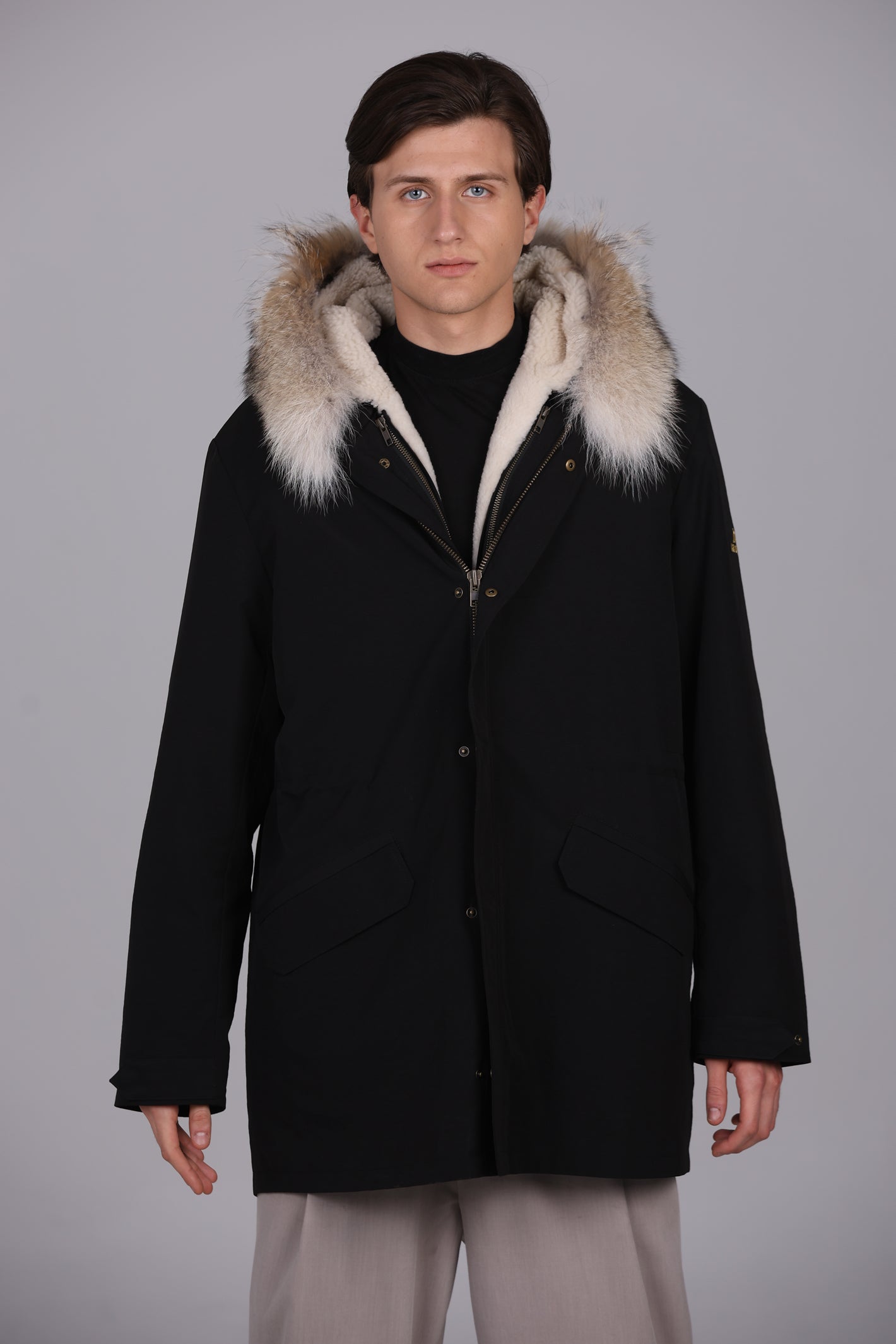 Parka longue en mélange imperméable de coton Coyote et de peau de mouton