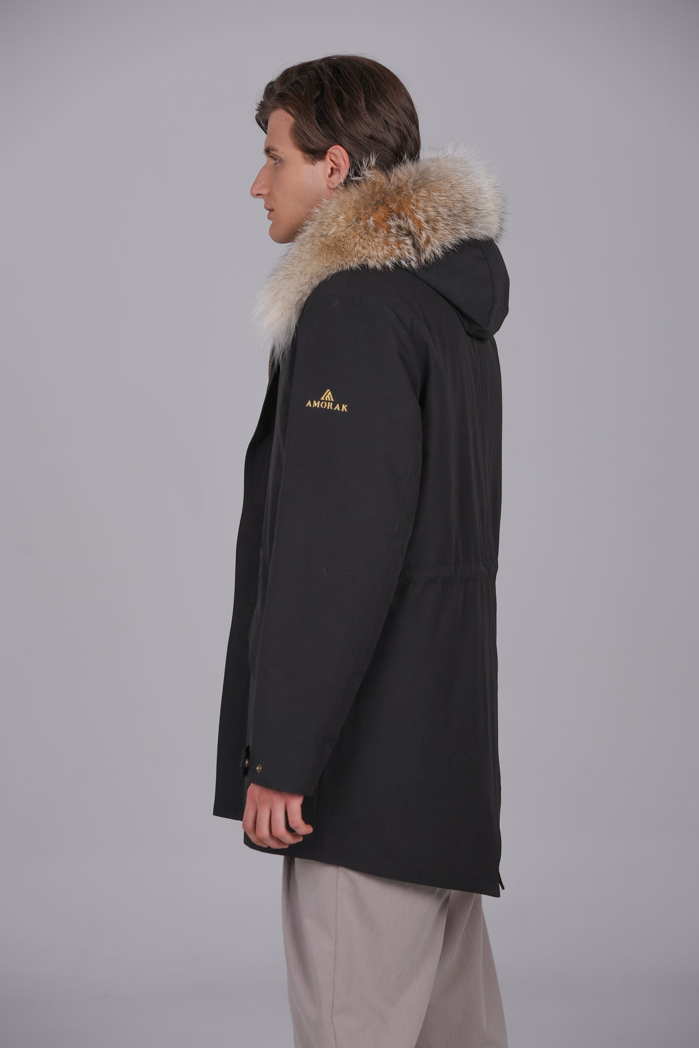 Parka longue en mélange imperméable de coton Coyote et de peau de mouton
