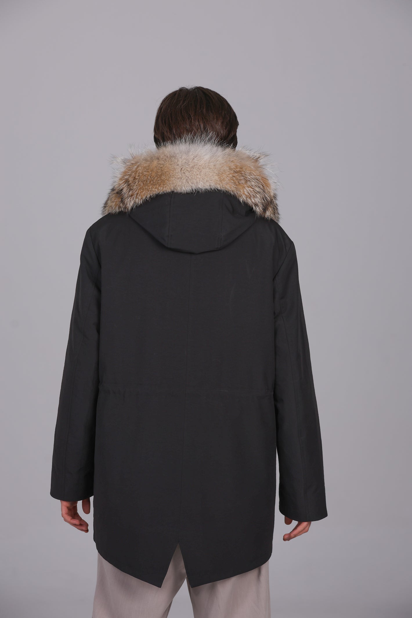 Parka longue en mélange imperméable de coton Coyote et de peau de mouton
