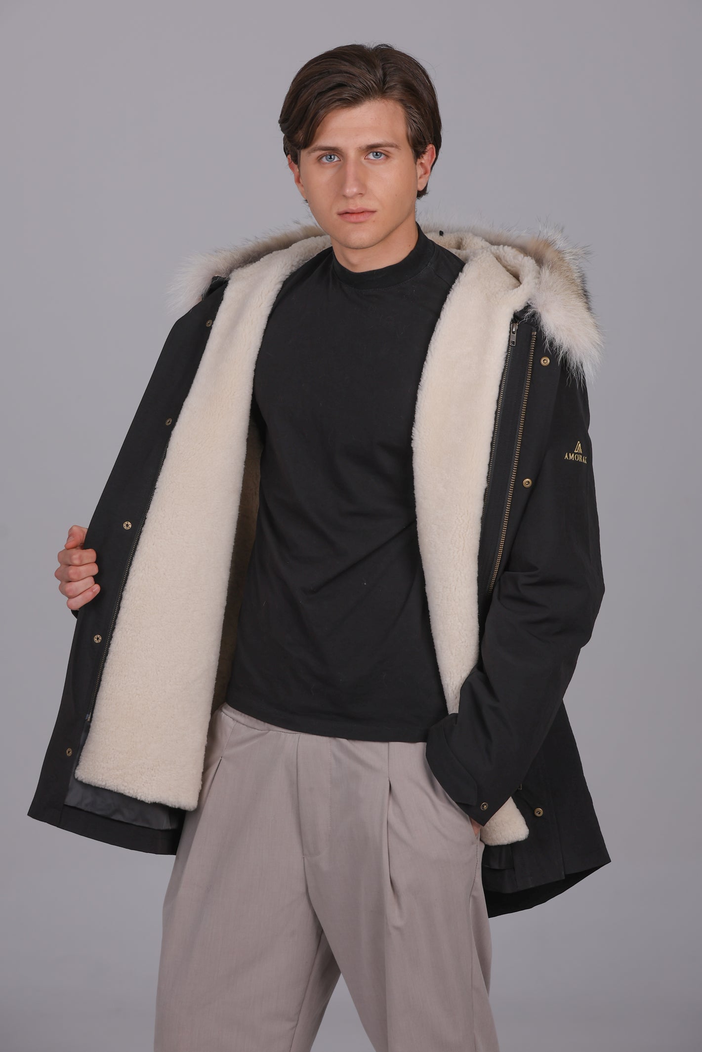 Parka longue en mélange imperméable de coton Coyote et de peau de mouton