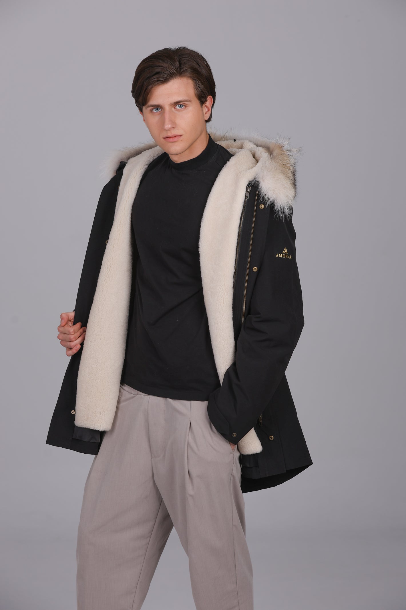 Parka longue en mélange imperméable de coton Coyote et de peau de mouton