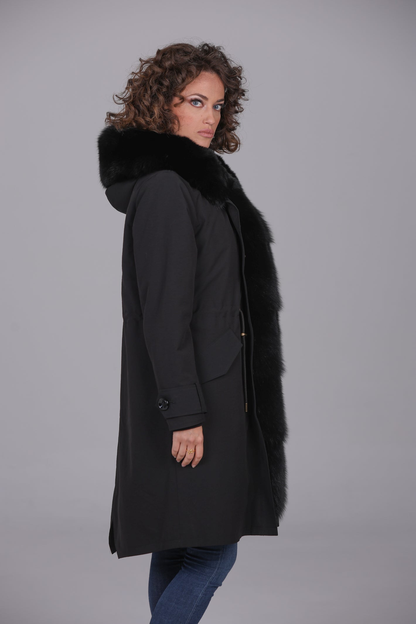 X-Long Parka in Fox Black Waterproof Cotton Mixed