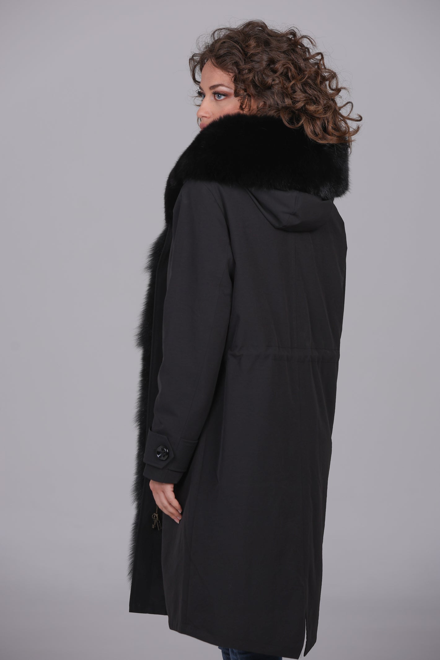 X-Long Parka in Fox Black Waterproof Cotton Mixed