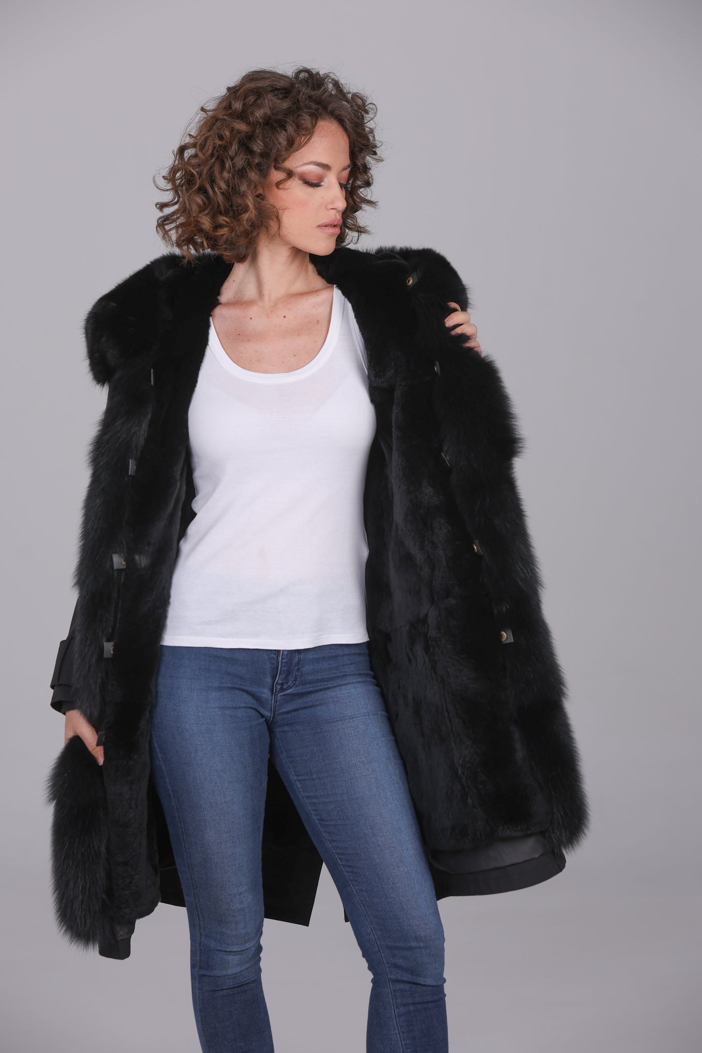 X-Long Parka in Fox Black Waterproof Cotton Mixed
